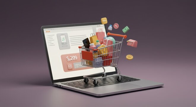 Online Shopping Cart on Laptop Screen, 3D Rendering, Modern E-commerce Concept, Illustration with Internet Retail, Retail Therapy Visual
