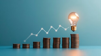 Aufkleber - Illuminated lightbulb atop growing stacks of coins symbolizes financial growth and innovative ideas.