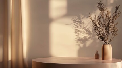 Poster - Soft sunlight illuminates a serene indoor space with a minimalist vase and dried flowers on a round table