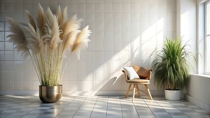 Poster - Pampas grass and chair in a bright modern interior room