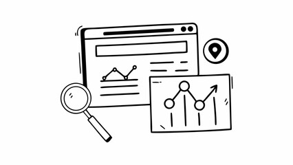 Poster - Doodle style illustration of a website analytics dashboard with magnifying glass and location pin created with generated ai