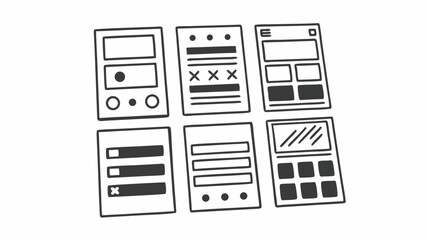 Poster - Six hand drawn wireframe templates showing different layout designs and interface elements in black and white created with generated ai