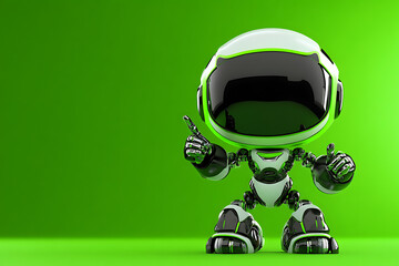 Poster - Futuristic robot character with a green background, pointing, symbolizing innovation and technology