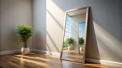Poster - Modern interior with a full length mirror reflecting light and a plant