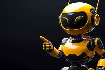 Poster - Futuristic yellow robot pointing with a sleek design against a dark background, showcasing technology