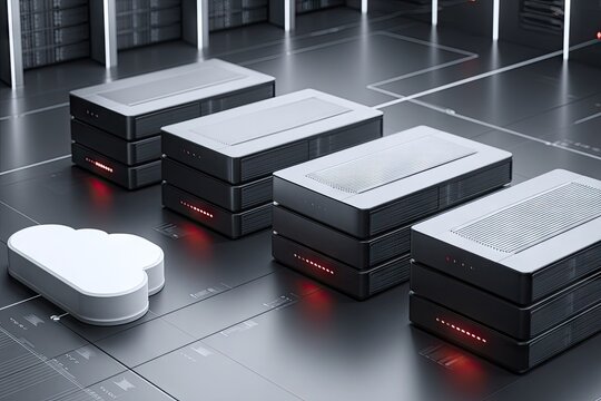 Server racks connected to a cloud symbol