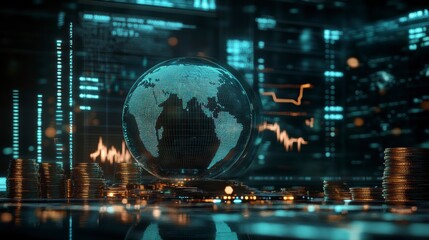 Poster - Global finance, digital economy, world markets, data visualization, cryptocurrency, technology, investment, growth, and economic trends.