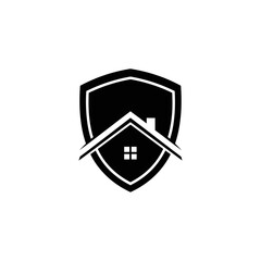 Poster - A black and white logo featuring a house with windows inside a shield shape on a white background