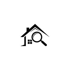 Poster - A black and white logo of a house with a magnifying glass over it in a simple vector design