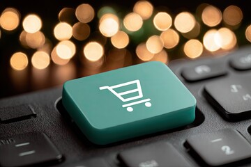 Fototapete - Teal shopping cart icon button on a black keyboard, festive bokeh background