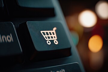 Fototapete - Close-up of a shopping cart key on a dark computer keyboard, with out-of-focus city lights in the background