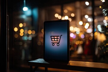 Fototapete - Tablet showing shopping cart icon at night. Blurry background of store, lights