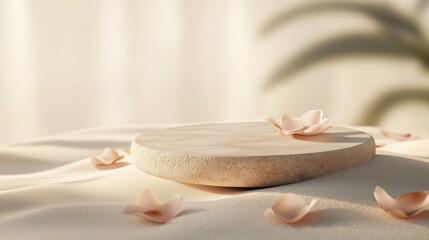 Poster - Smooth round stone adorned with delicate petals in soft sunlight at a tranquil nature-inspired setting