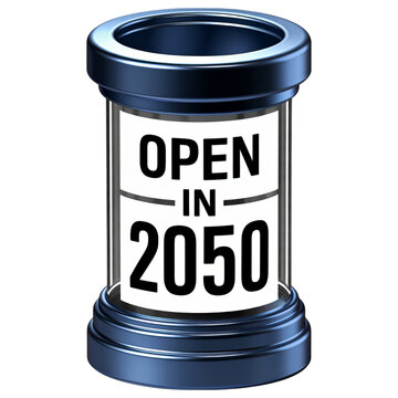 Futuristic metallic display case showing text open in 2050 isolated on transparent background