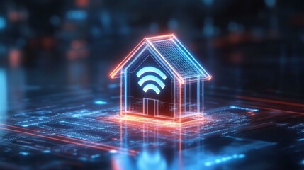 Aufkleber - Glowing house icon with wifi symbol in digital night environment