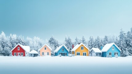 Poster - Colorful houses covered in snow in a serene winter forest