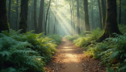 Aufkleber - Sunlight streaming through trees on a peaceful forest path