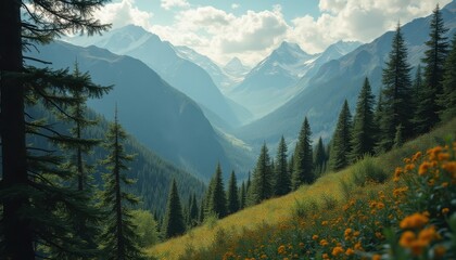 Aufkleber - Majestic mountainous landscape with coniferous trees and wildflowers