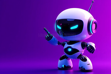 Poster - Cute futuristic robot character striking a pose against a vibrant purple background