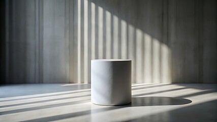 Poster - Cylinder podium in a modern room with sunlight and shadow patterns