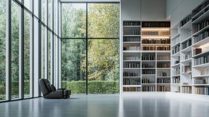 Poster - Modern chair in serene interior with bookshelves and window