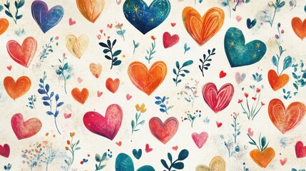 Poster - Numerous Colorful Hearts and Flowers on Textured Background