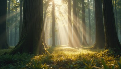 Aufkleber - Sunlight Filtering Through Trees in a Serene Forest