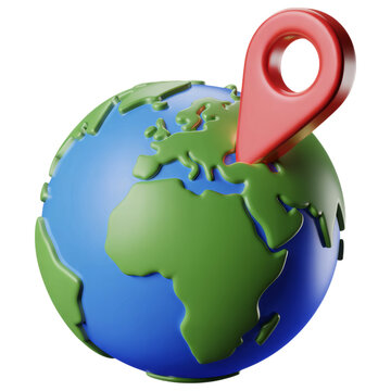 Stylized 3d earth globe with a red location pin marker placed on europe isolated on transparent background