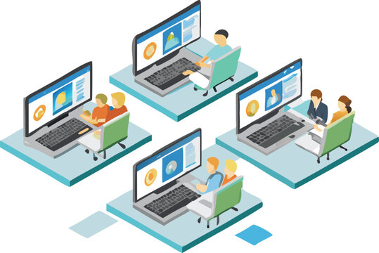 Isometric illustration of people working on computers in a distributed network environment setup view