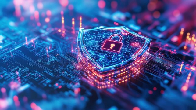 Digital shield with padlock icon in abstract circuit board space