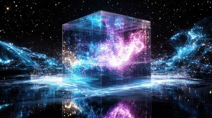 Aufkleber - Glowing cube surrounded by digital particles in abstract space