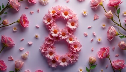 Aufkleber - Number eight formed from pink flowers on light purple background