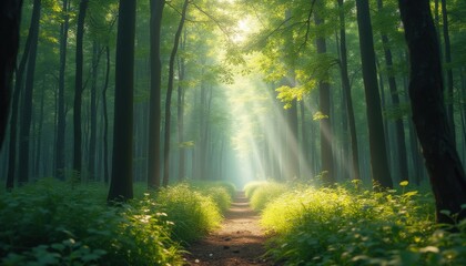 Poster - Serene path through mystical forest illuminated by sunlight