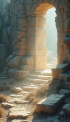 Poster - Stone archway leading to serene pathway in arid landscape