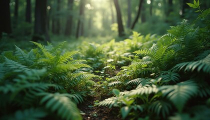 Aufkleber - Lush ferns growing in serene forest during daytime