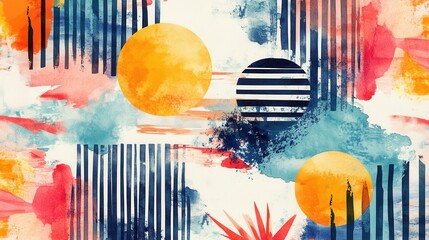 Aufkleber - Abstract watercolor painting with vibrant circles and stripes