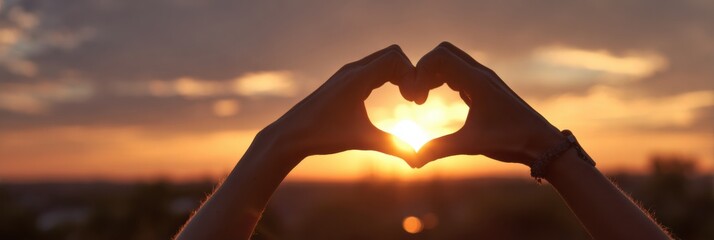 Aufkleber - Hands Creating a Heart Shape During a Beautiful Sunset Horizon Viewed From a Serene Outdoor Location