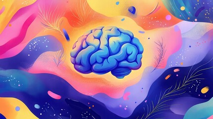 Fototapete - Abstract digital illustration of human brain with colorful background