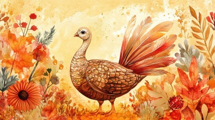 Aufkleber - Turkey standing among autumn leaves and flowers in nature