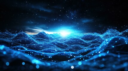 Fototapete - Abstract glowing network in serene digital landscape at night