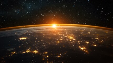 Poster - Majestic sunrise over Earth with city lights at night