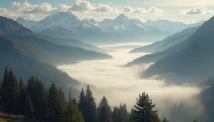 Poster - Serene landscape of misty mountains and lush trees in daytime