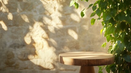 Poster - Wooden table beside lush green leaves in a sunlit outdoor space creates a serene atmosphere for relaxation and contemplation