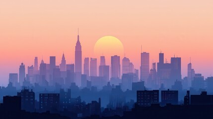 Poster - Cityscape at Sunset with Skyscrapers and Large Sun