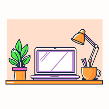 Stylized Desk Scene with Laptop, Lamp, Plant, and Pen Holder Illustration
