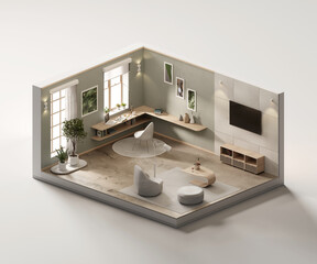 Poster - Isometric view living room minimal cozy style open inside interior architecture 3d rendering