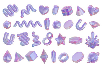 Fototapete - Objects purple holographic decoration set pack isolated background 3d rendering	
