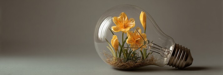 Poster - Lightbulb Encasing Blooming Yellow Flowers Signifies Growth and Creativity in a Minimalist Setup