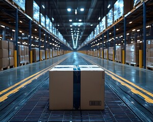 Poster - Organized warehouse interior with rows of shelves and boxes