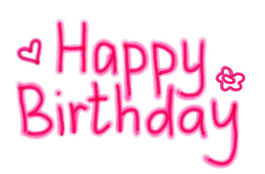 hand drawing Happy birthday celebration text in bold pink graffiti style with heart and flower decoration on transparent background.